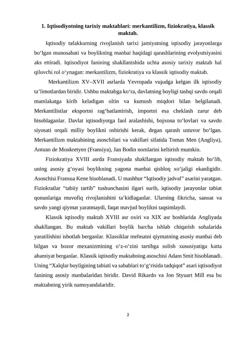 Iqtisodiyotning tarixiy maktablari: merkantilizm, fiziokratiya, klassik maktab 2