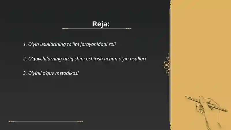 Oqitishda oyin usullarini qollash masalalarini organish. Haydarov 2