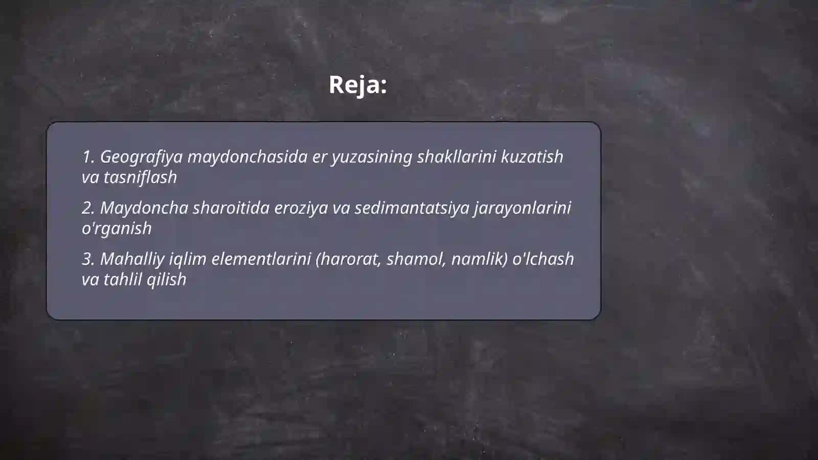 Geografiya maydonchasida o'tkaziladigan biror mavzuga bir soatlik dars ishlanmagan yozish 2