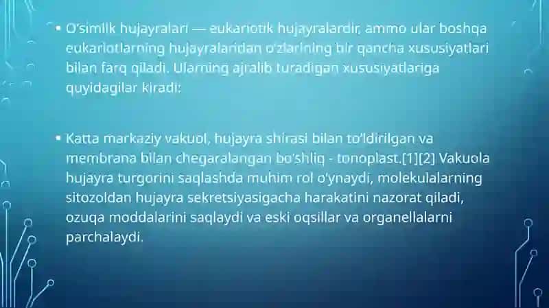 O’simlik hujayra va to’qimalarning tuzilishi.o’simliklarning vegetativ va generativ organlari va jinsiy ko’payishi 2