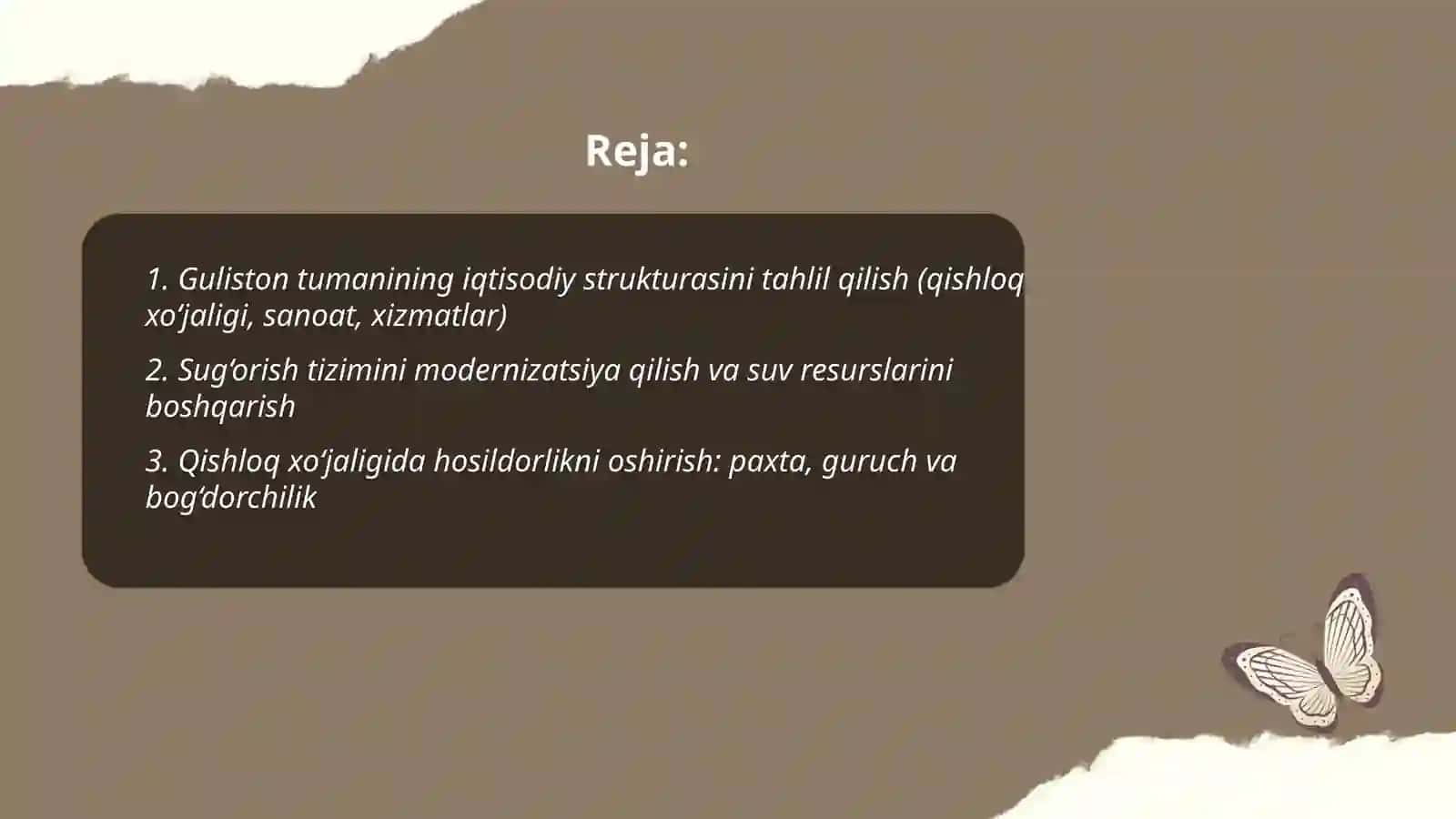 Guliston tumanini rivojlantirish haqida va mintaqaviy iqtisodiyoti qanday ekanligi haqida 2