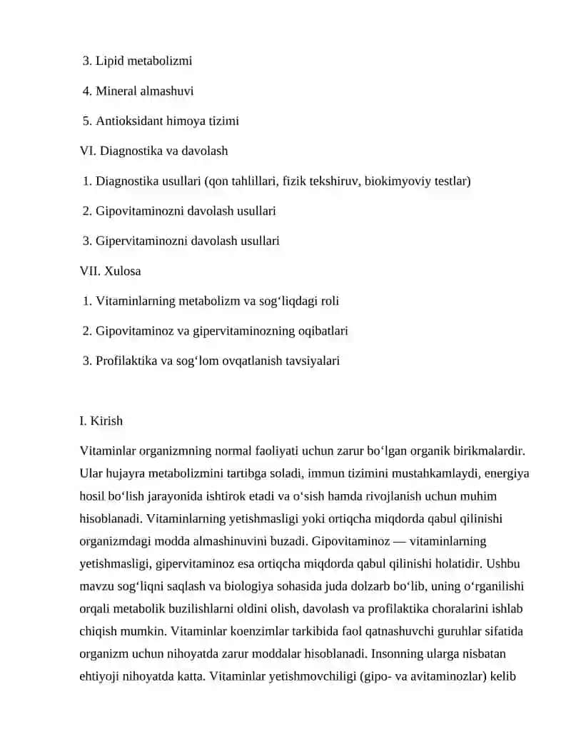 Gipovitaminoz va gipervitaminoz holatlarda moddalar almashinuvining buzilishi. 2