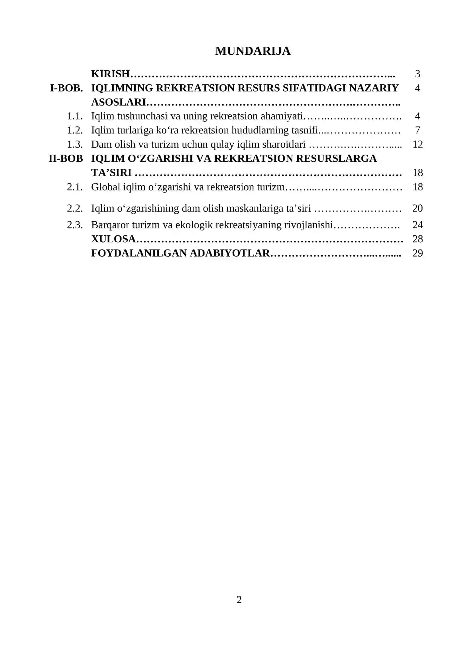 KURS ISHI - iqlim rekreatsion resurs sifatida 2