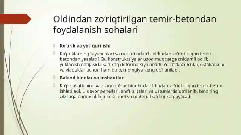 Oldindan zo‘riqtirilgan temir-betondan foydalanish sohalari 2