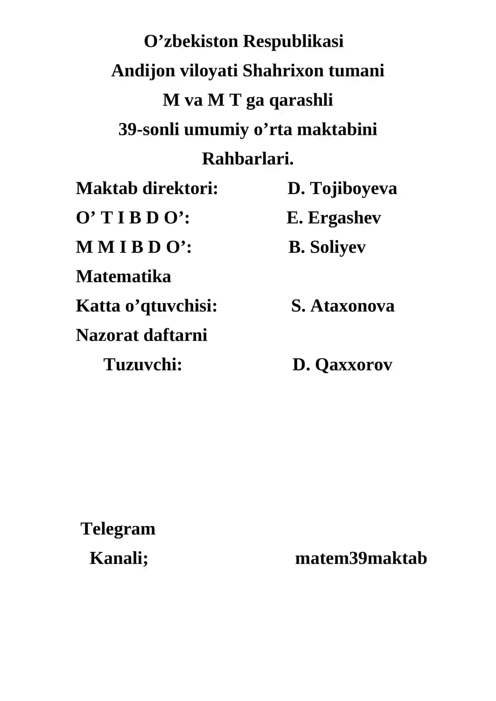 MATAMATIKA Fanidan NAZORAT ISHI DAFTARI 2