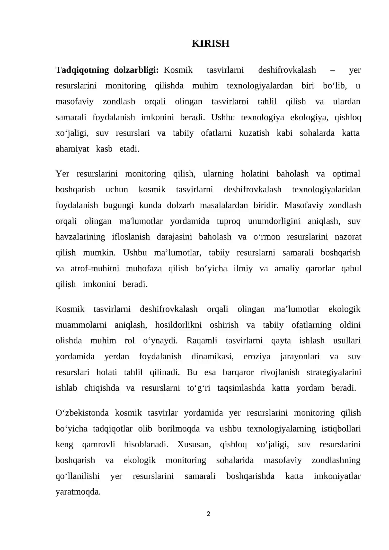 KOSMIK TASVIRLARNI DESHIFROVKALASH MATERIALLARI ORQALI YER RESURSLARINI MONITORING QILISH 2