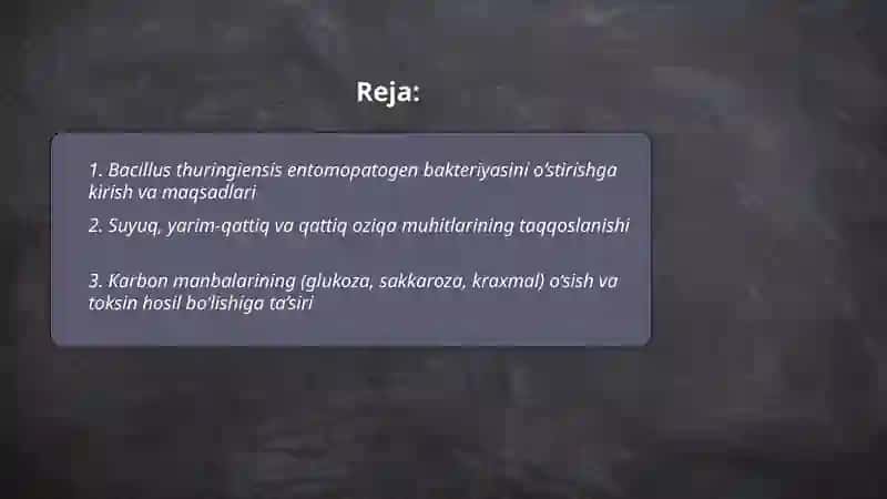 Bacillus thurigiensis entomopatogen bakteriyasini turli oziqa muhitlarida o‘stirish 2