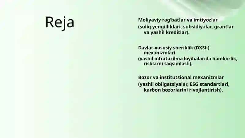 Xususiy sektorni yashil loyihalarga jalb qilish mexanizmlari 2