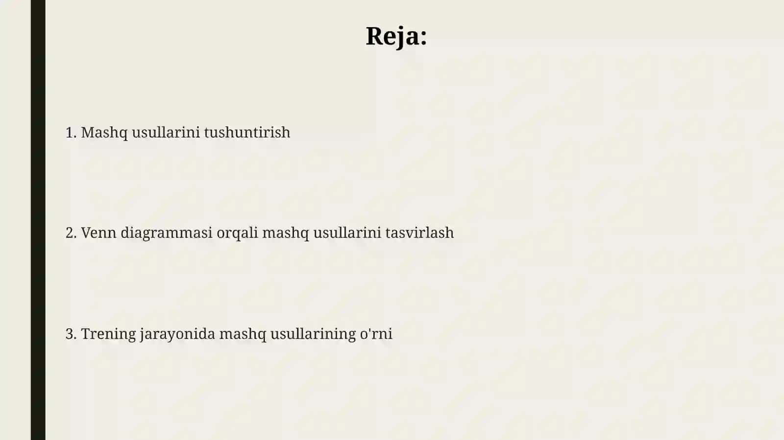 Trening jarayonida mashq usulimavzusini Venn diogrammasida yoritish 2