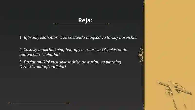 Iqtisodiy islohotlar, xususiy mulkchikikning shakllanishi.O'zbekistonda bozor munosabatlarining rivojlanishi 2