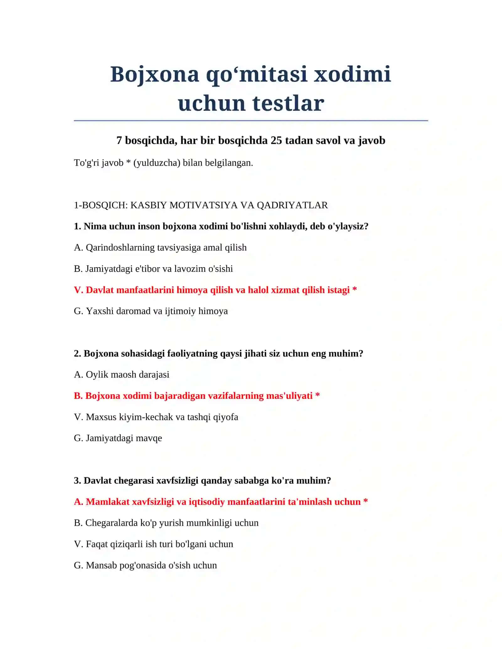 Bojxona qo‘mitasi xodimi uchun testlar 2
