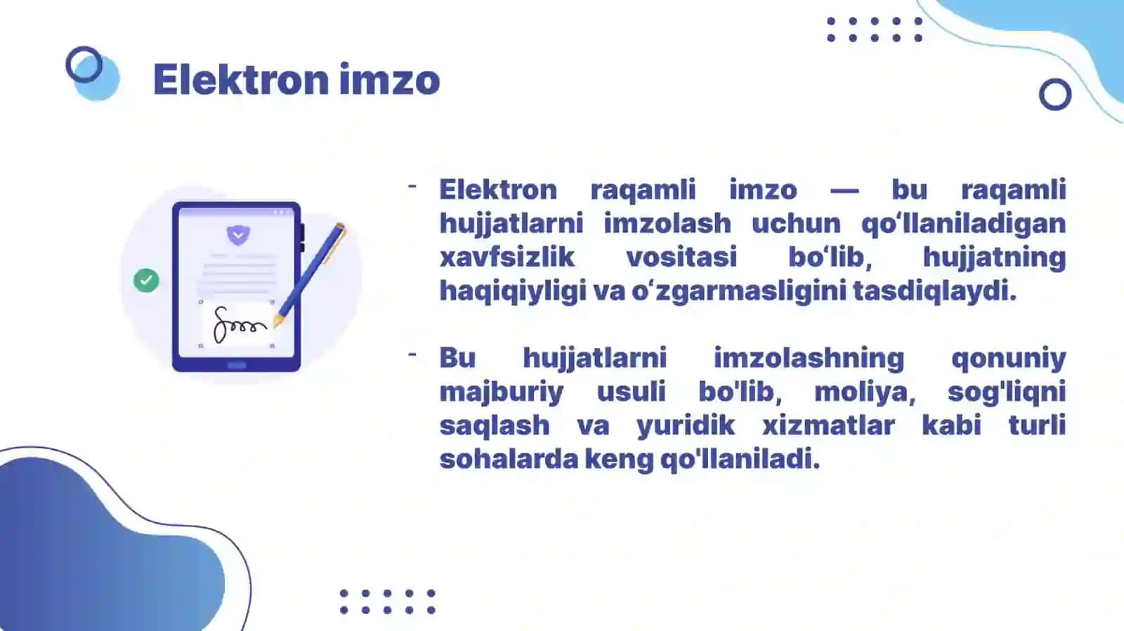 elektron  raqamli imzo va uni respublikamizda  taqbiq etish holati 2
