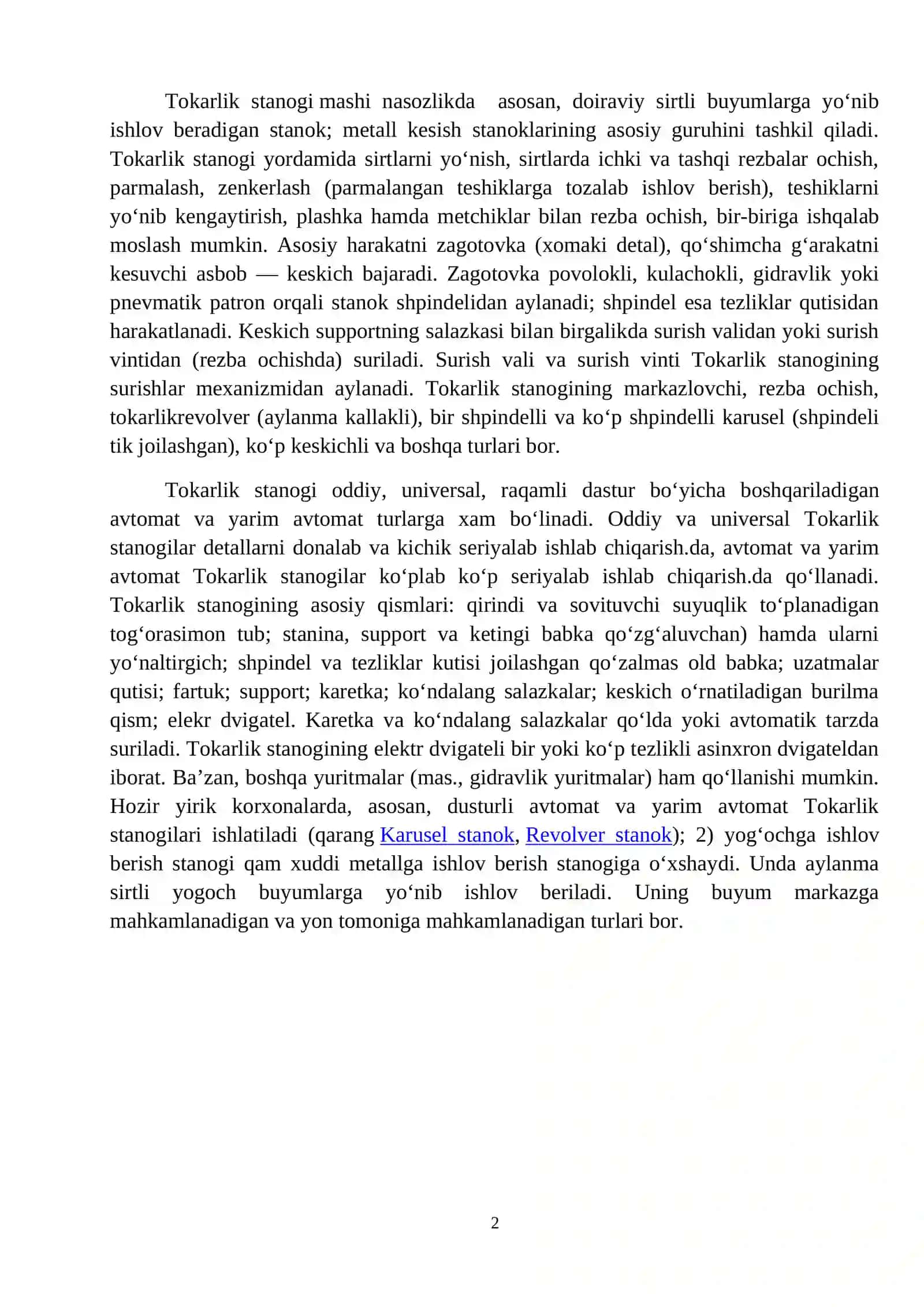 TOKARLIK STANOGINING TEXNIK TAVSIFLARINI ANIQLASH HAMDA KINEMATIK SXEMAsi 2