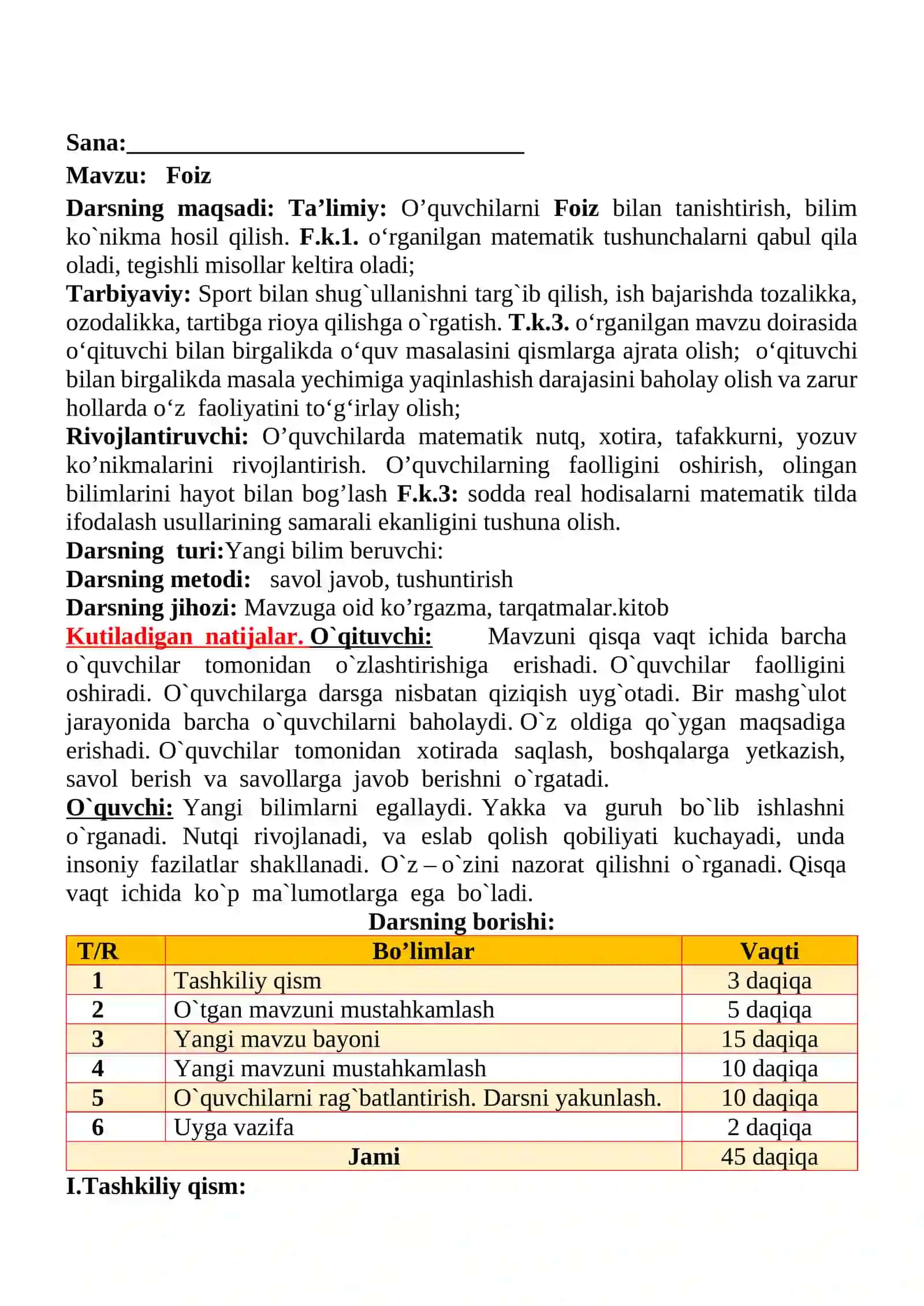 Foiz mavzusida 4-sinf Matematika fanidan dars ishlanmasi 2
