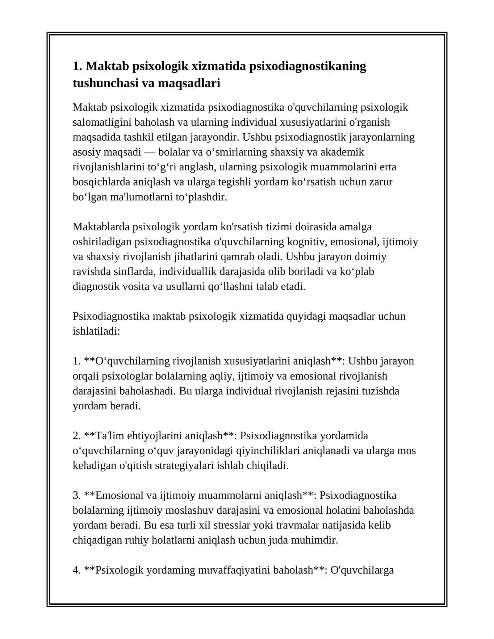 MAKTAB PSIXOLOGIK XIZMATIDA PSIXODIAGNOSTIKA. KLINIK PSIXODIAGNOSTIKA 2