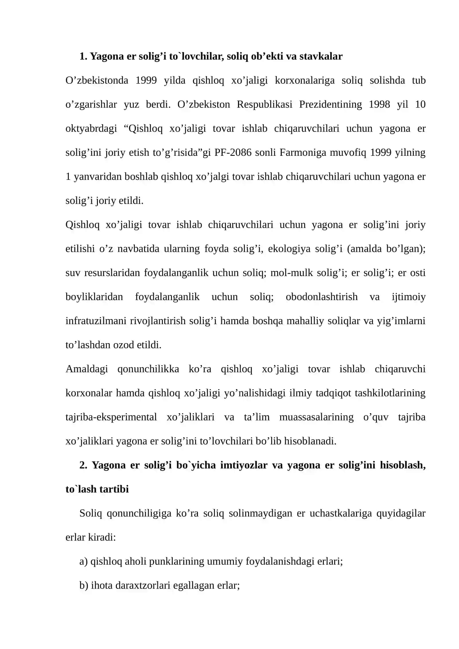 Yagona er solig’i to`lovchilar, soliq ob’ekti va stavkalar 2