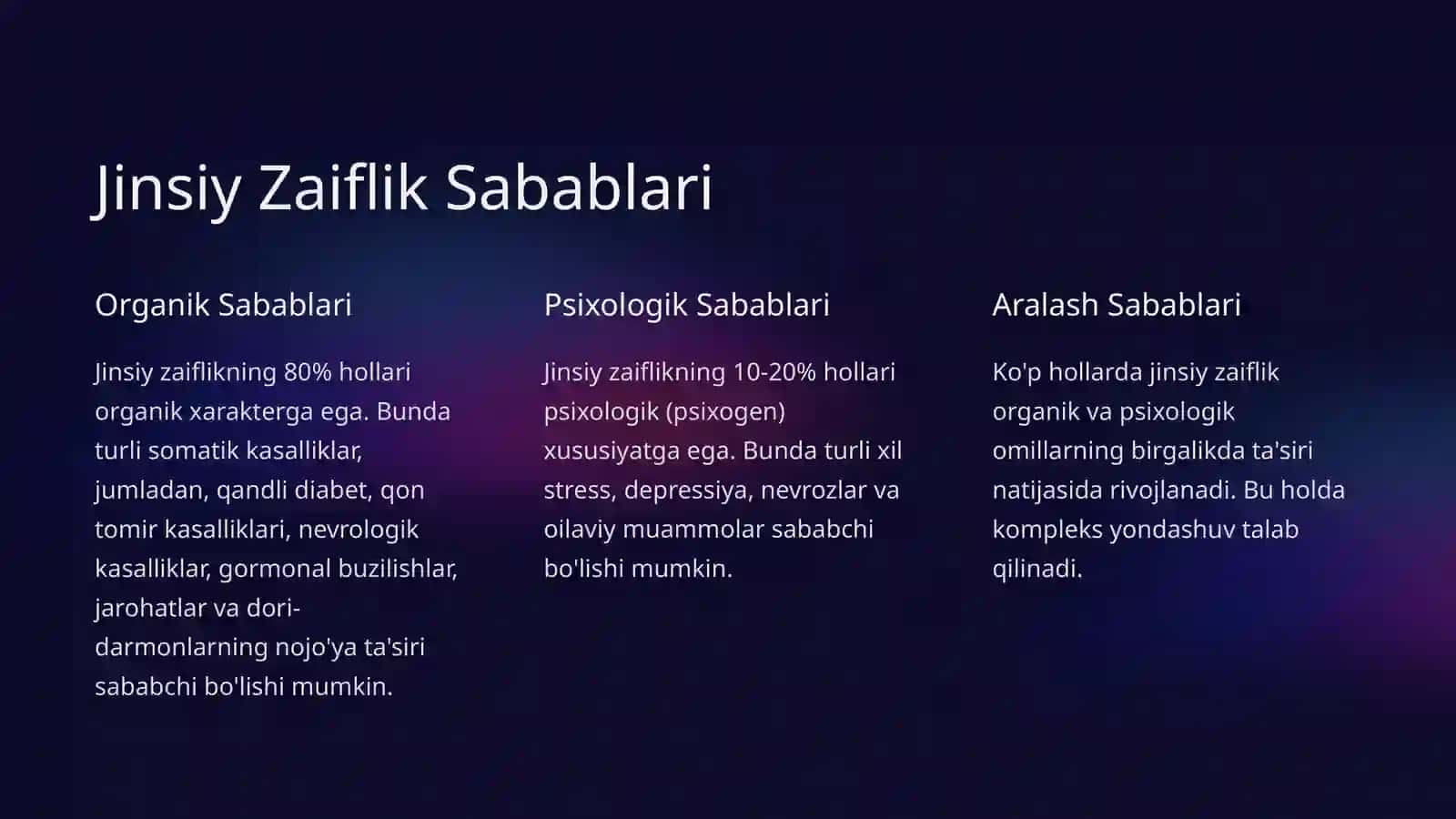 Jinsiy Zaiflik (Impotentsiya) — Sabablari, Belgilari, Davolash, Oldini Olish 2