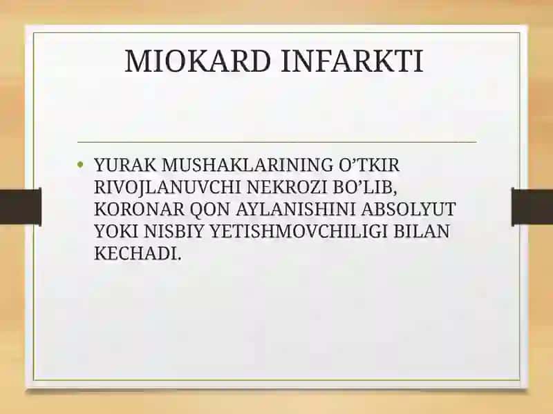 Miokard infarkti etiolguyasi patogenezi miokard infarktida qoʻllaniladigan dori vositalarning farmodinamikasi 2