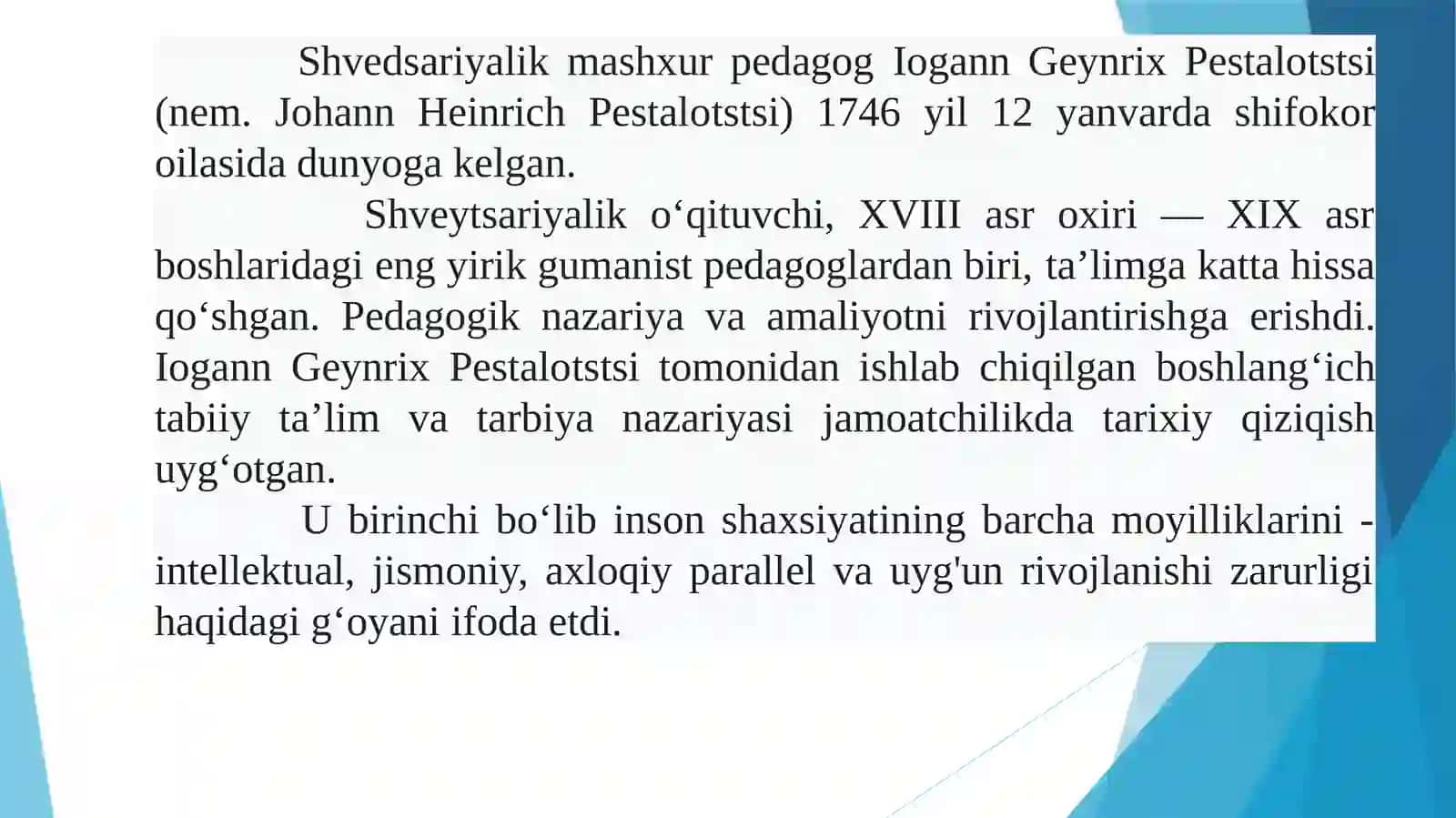 Iogann Geynrix Pestalotstsining pedagogik qarashlar 2