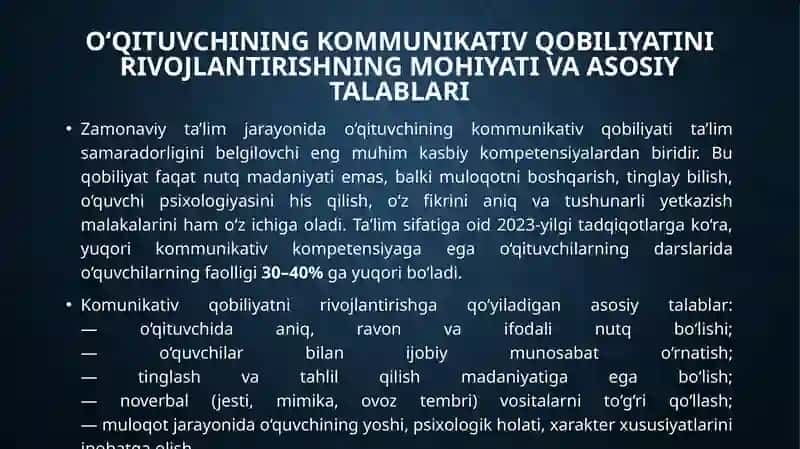 O‘qituvchining kommunikativ qobilyatini rivojlantirishga qo‘yiladigan talablar 2