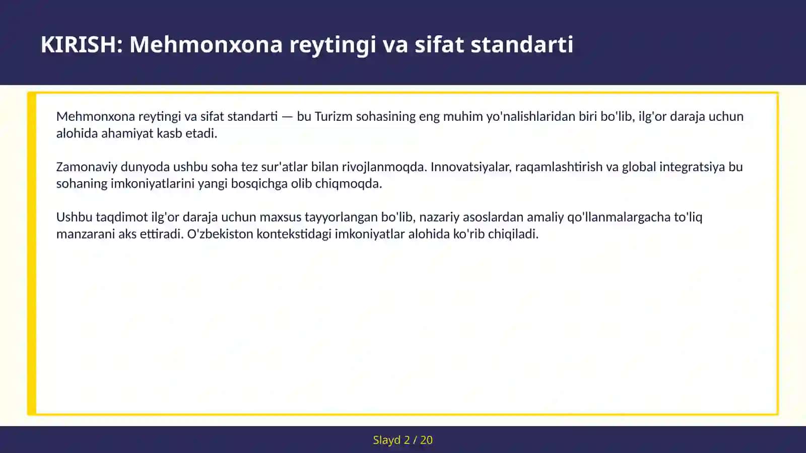 Mehmonxona reytingi va sifat standarti 2