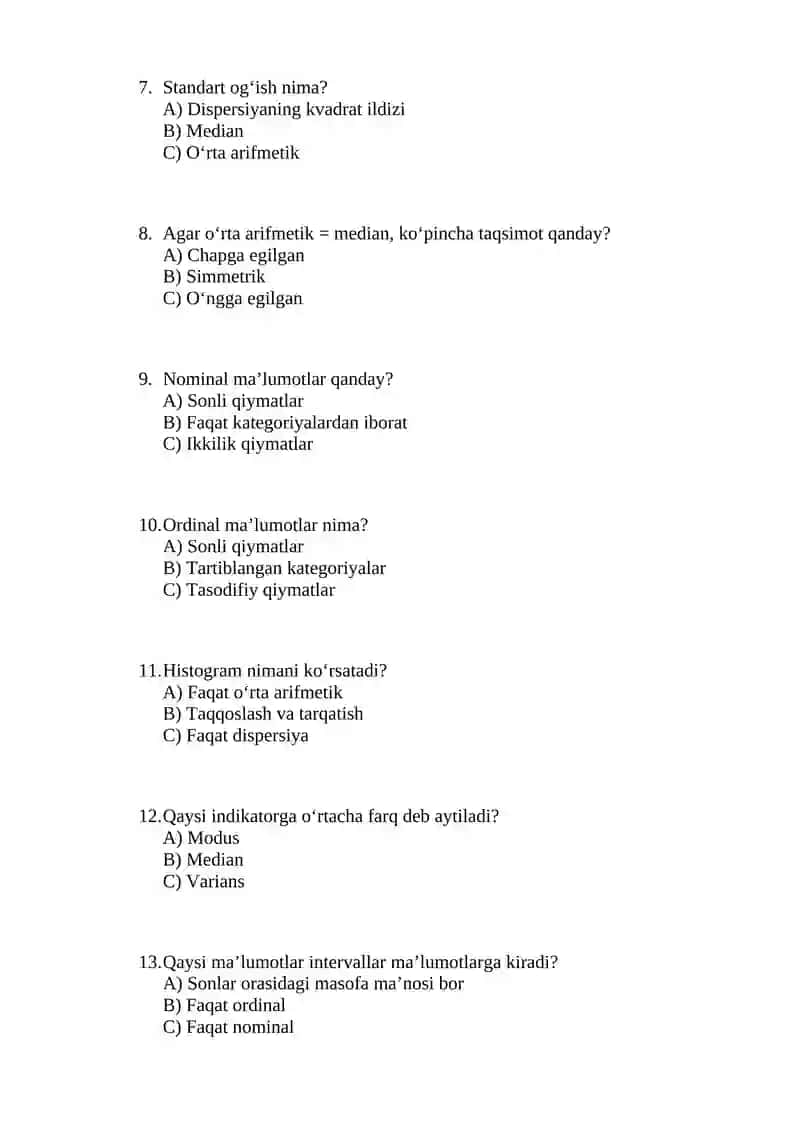 Statistika fanidan test savollari 2