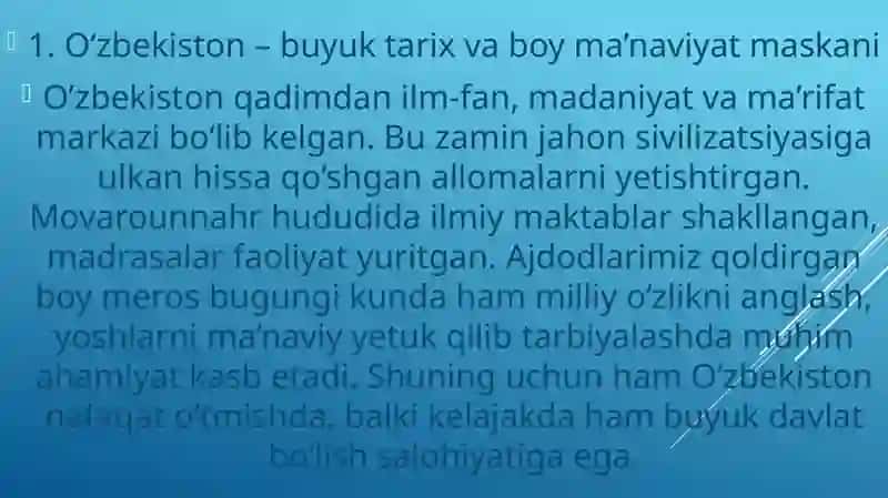 O’zbekiston- o’tmishi ham,kelajagi ham buyuk davlat.Imom al-Buxoriy hayoti va ijodi 2