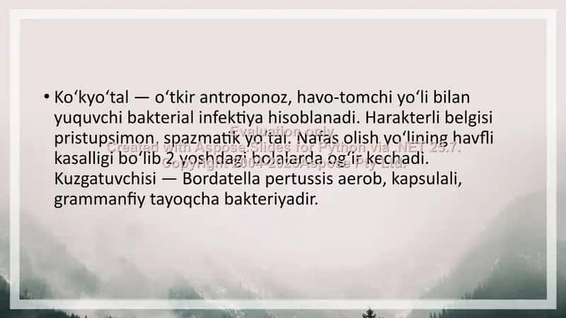 Xavo-tomchi infeksiyasi; sil, moxob, bo’g’ma va ko’k yo’tal qo’zg’atuvchilariga xarakteristika 2