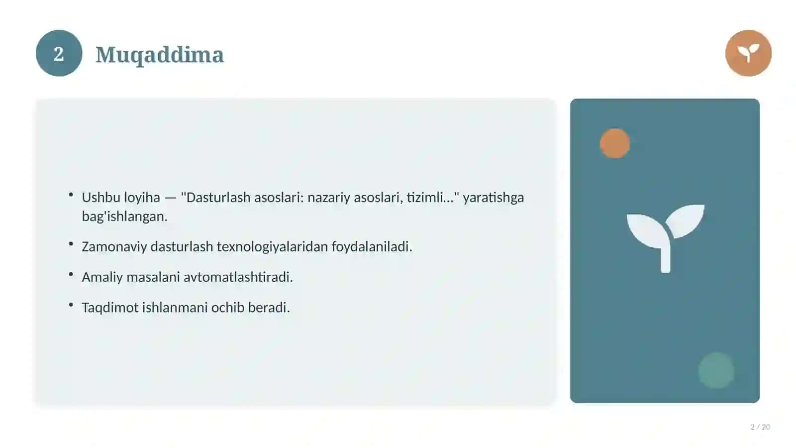 Dasturlash asoslari: nazariy asoslari, tizimli yondashuvda (Mustaqil ta'lim topshirig'i) 2