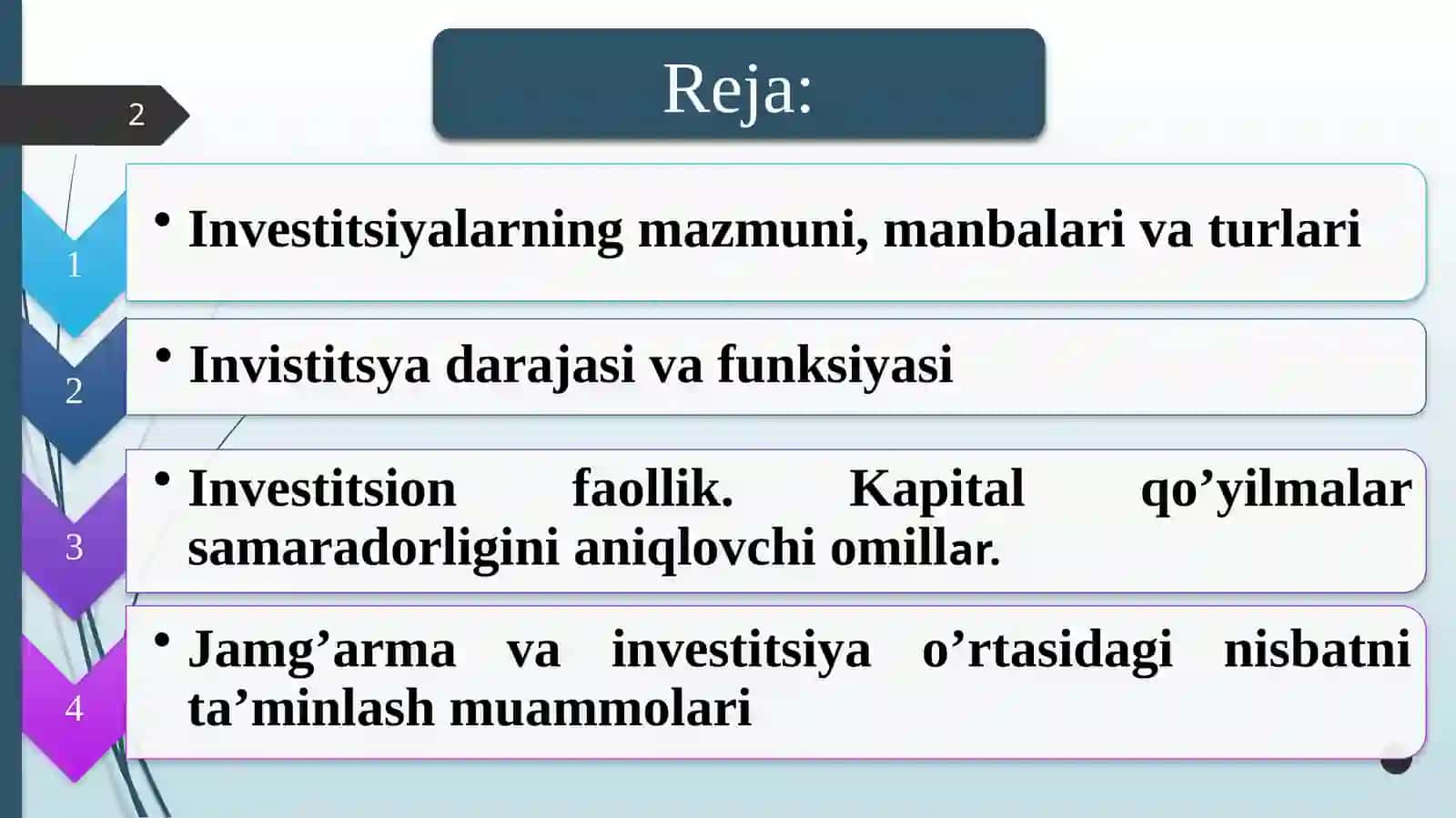 Investitsiya(lotincha:investio— „oʻrash“)—iqtisodiyotnirivojlantirishmaqsadidaoʻzmamlakatidayokichetellardaturlitarmoqlarga,ijtimoiy-iqtisodiydasturlarga,innovatsiya,tadbirkorlikloyihalarigauzoq,muddatlikapitalkiritish 2