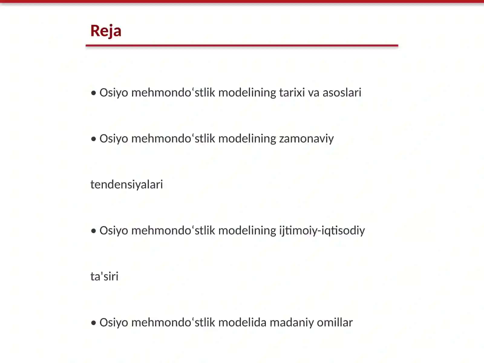 Osiyo mehmondoʻstlik modelining rivojlanish ustuvorlik lari va xususiyatlari 2
