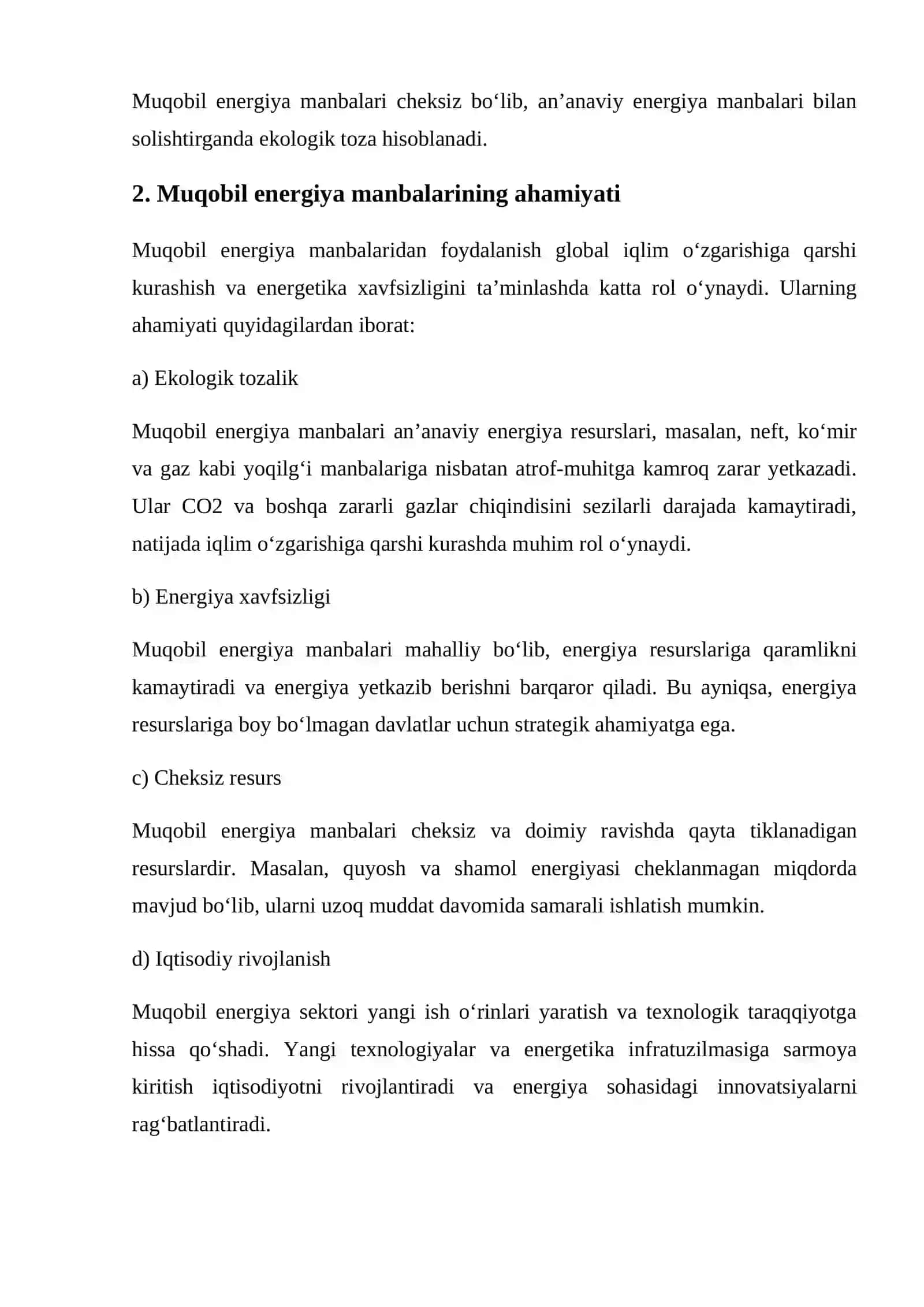 Muqobil energiya manbalaridan samarali foydalanish 2