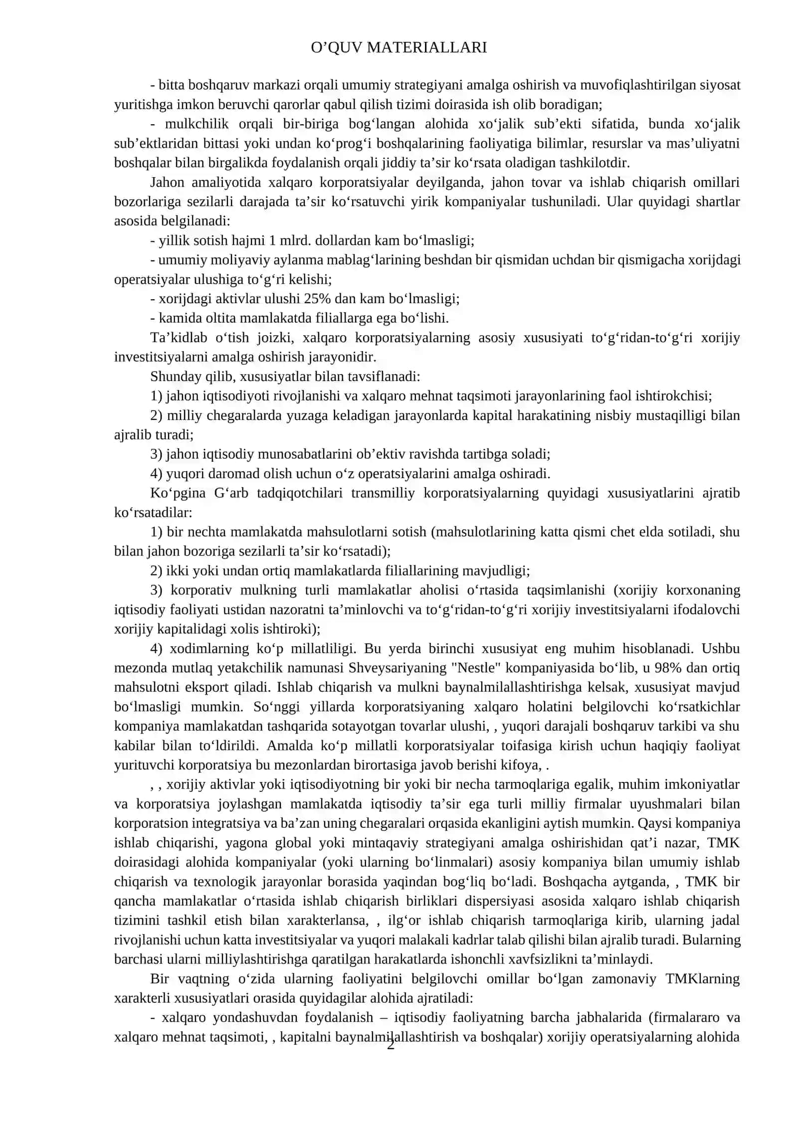 Transmilliy korporatsiyalar haqida o'quv material 2