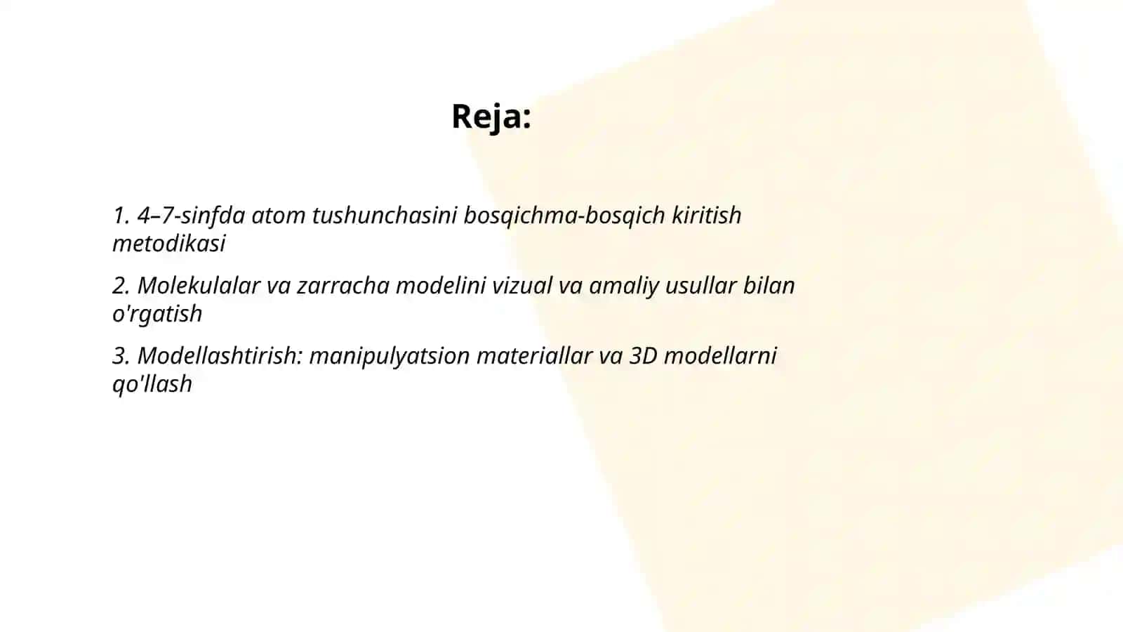4.7-sinfda atom molekulyar ta'limot va kimyoning asosiy tushuncha, qoidalarini o'qitish metodikasi 2