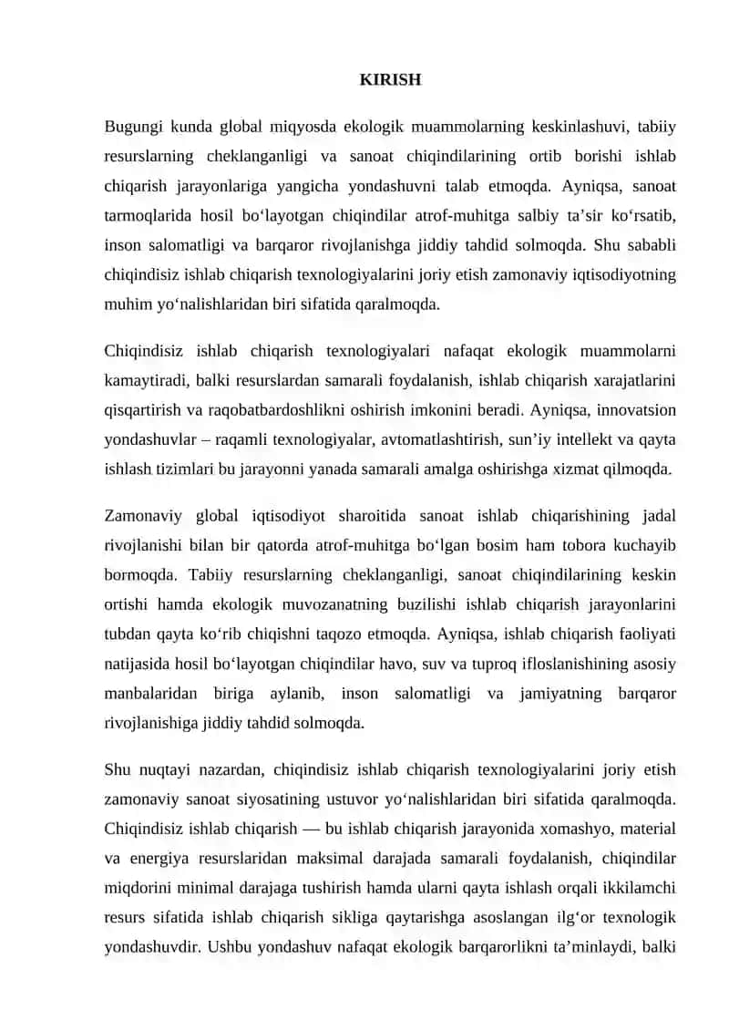 CHIQINDISIZ ISHLAB CHIQARISH TEXNOLOGIYALARI: INNOVATSION YONDASHUVLAR 2