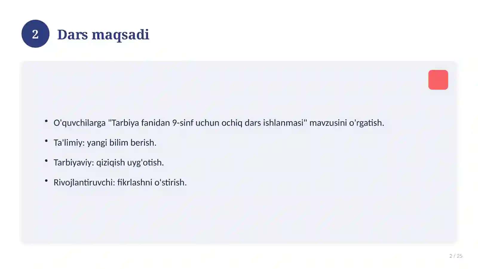 Tarbiya fanidan 9-sinf uchun ochiq dars ishlanmasi 2