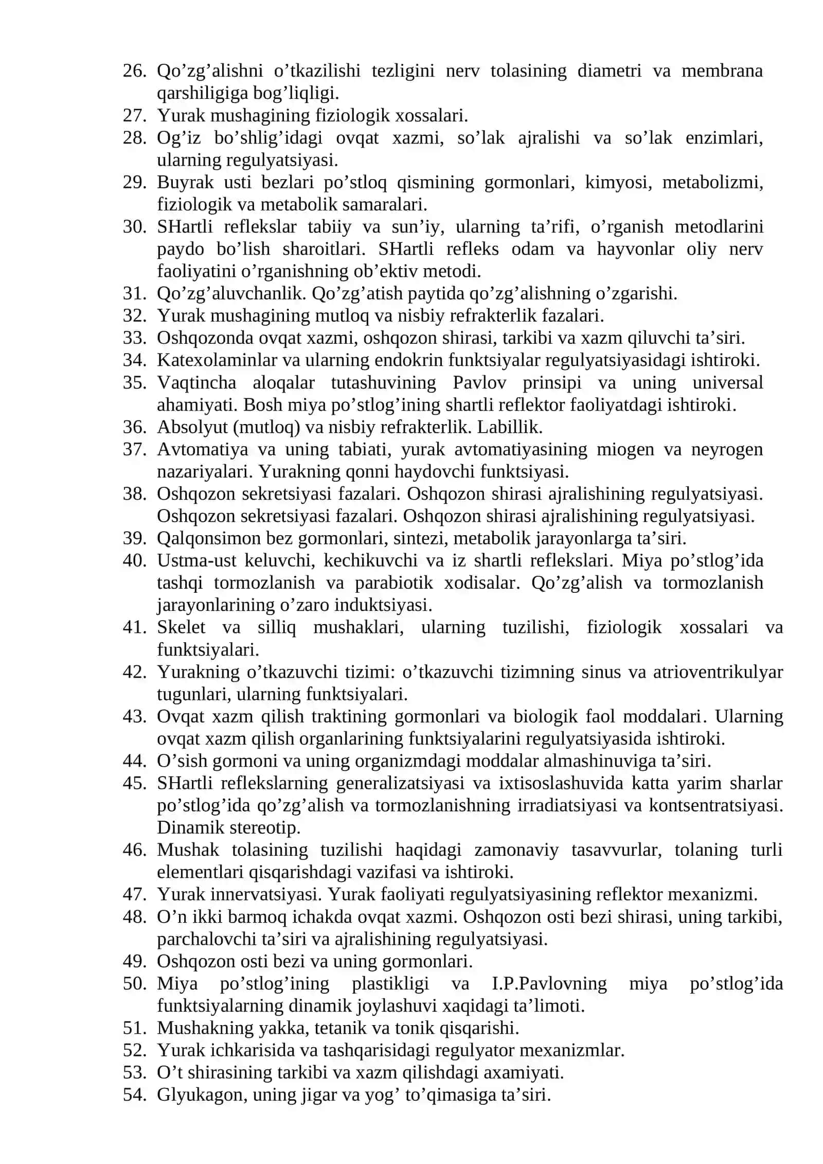 FIZIOLOGIYA fanidan savollar to`plami 2