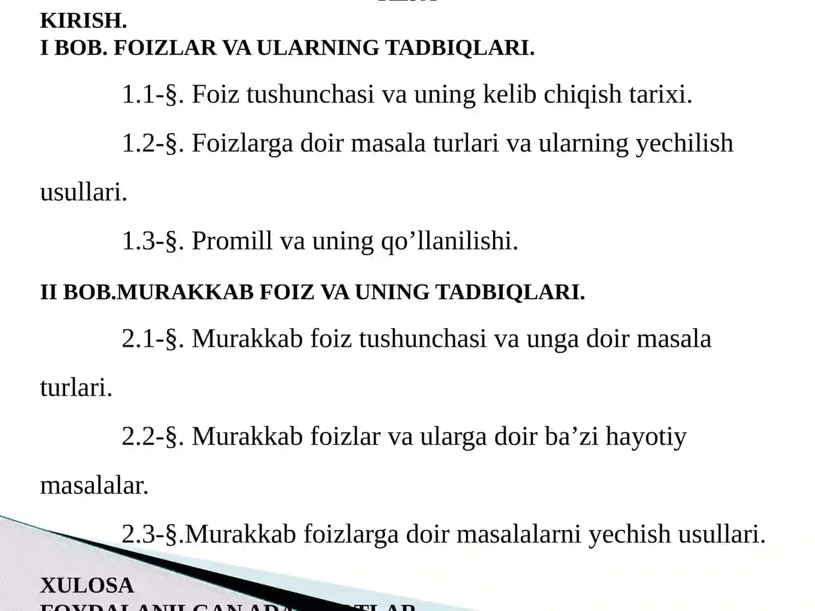 FOIZLAR VA UNI O’QITISH METODIKASI 2