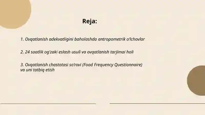 Ovqatlanish adekvatligini tashxislash va baholash 2