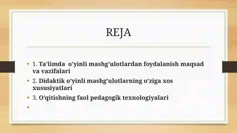 O’YIN TEXNOLOGIYASI FANIDAN bTAYYORLANGAN TAQDIMOT 2