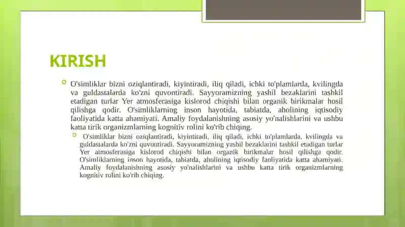 O'simliklarning inson hayotida tutgan o'rni eva biosfradagi ahamiyati. 2