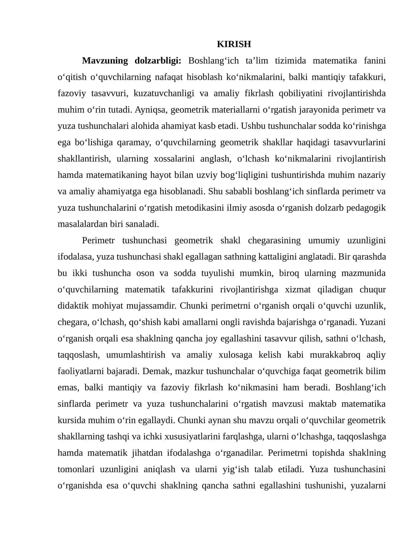 BOSHLANG‘ICH SINFLARDA PERIMETR VA YUZA TUSHUNCHALARINI O‘RGATISH METODIKASI 2