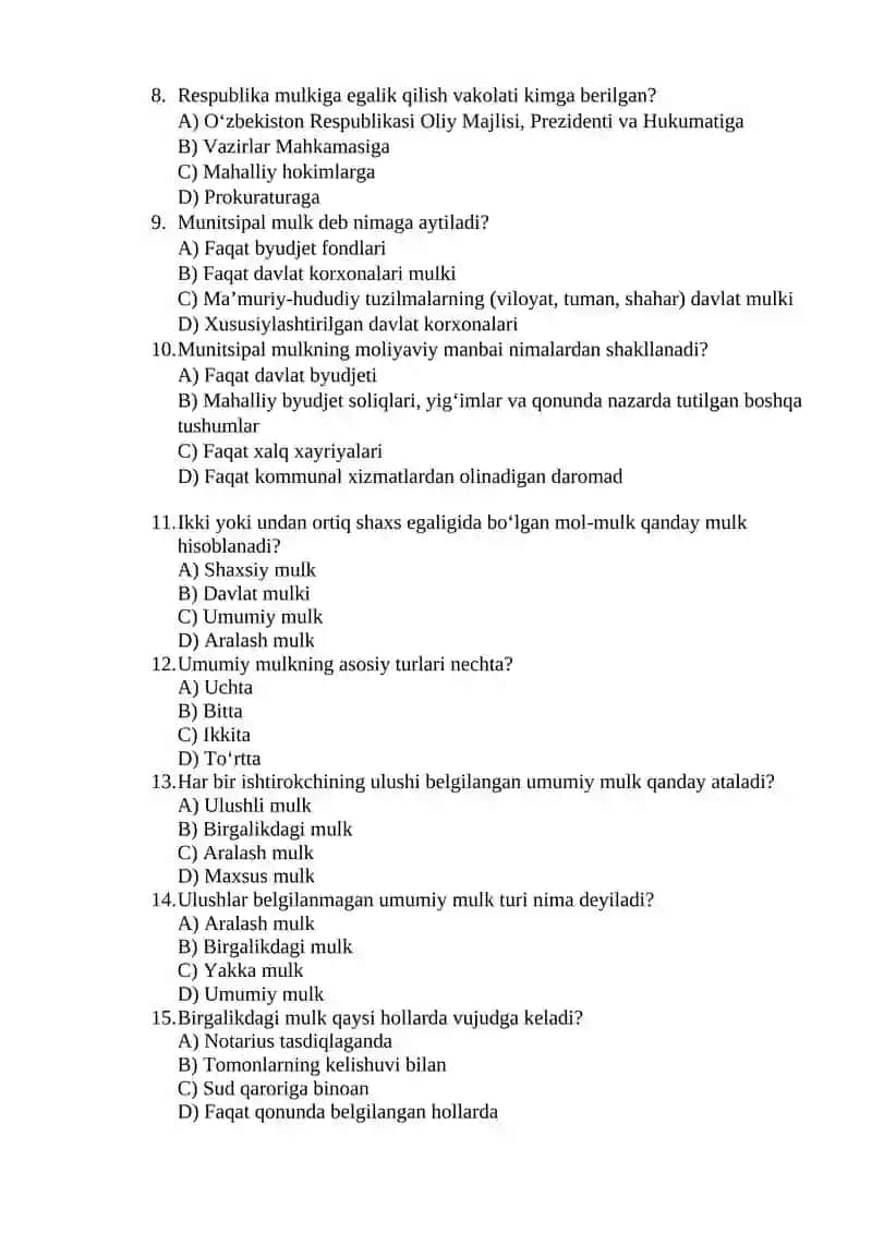 Mulk huquq modulidan oraliq testi 2