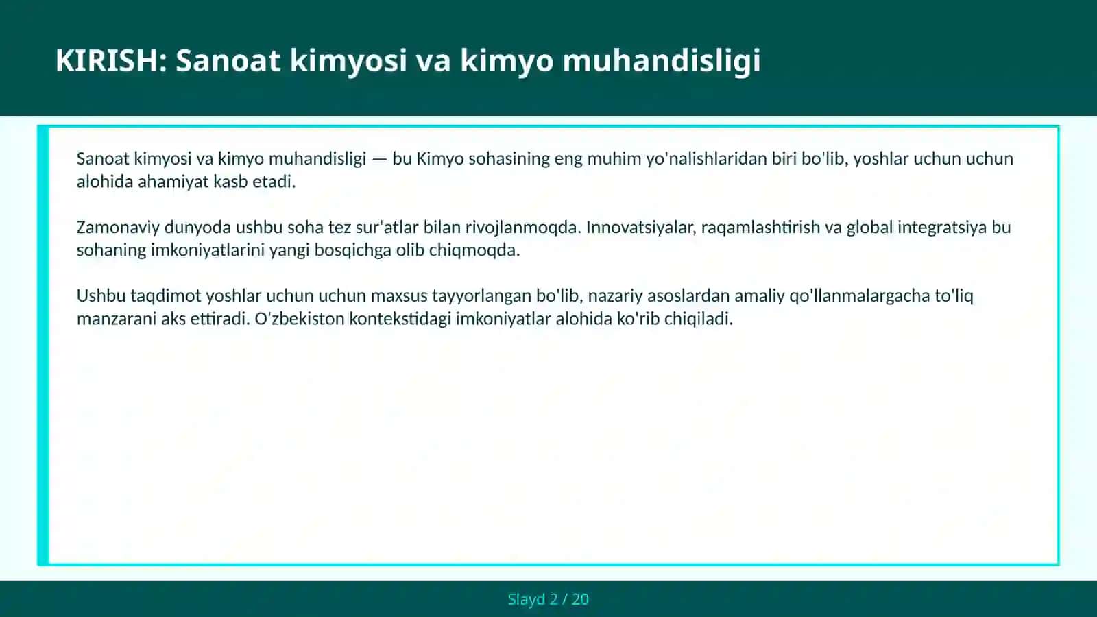 SANOAT KIMYOSI VA KIMYO MUHANDISLIGI 2