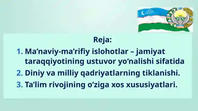 Mustaqillik yillarida O‘zbekistondagi madaniy va ma’naviy taraqqiyot. Ta’lim sohasida amalga oshirilgan islohotlar 2