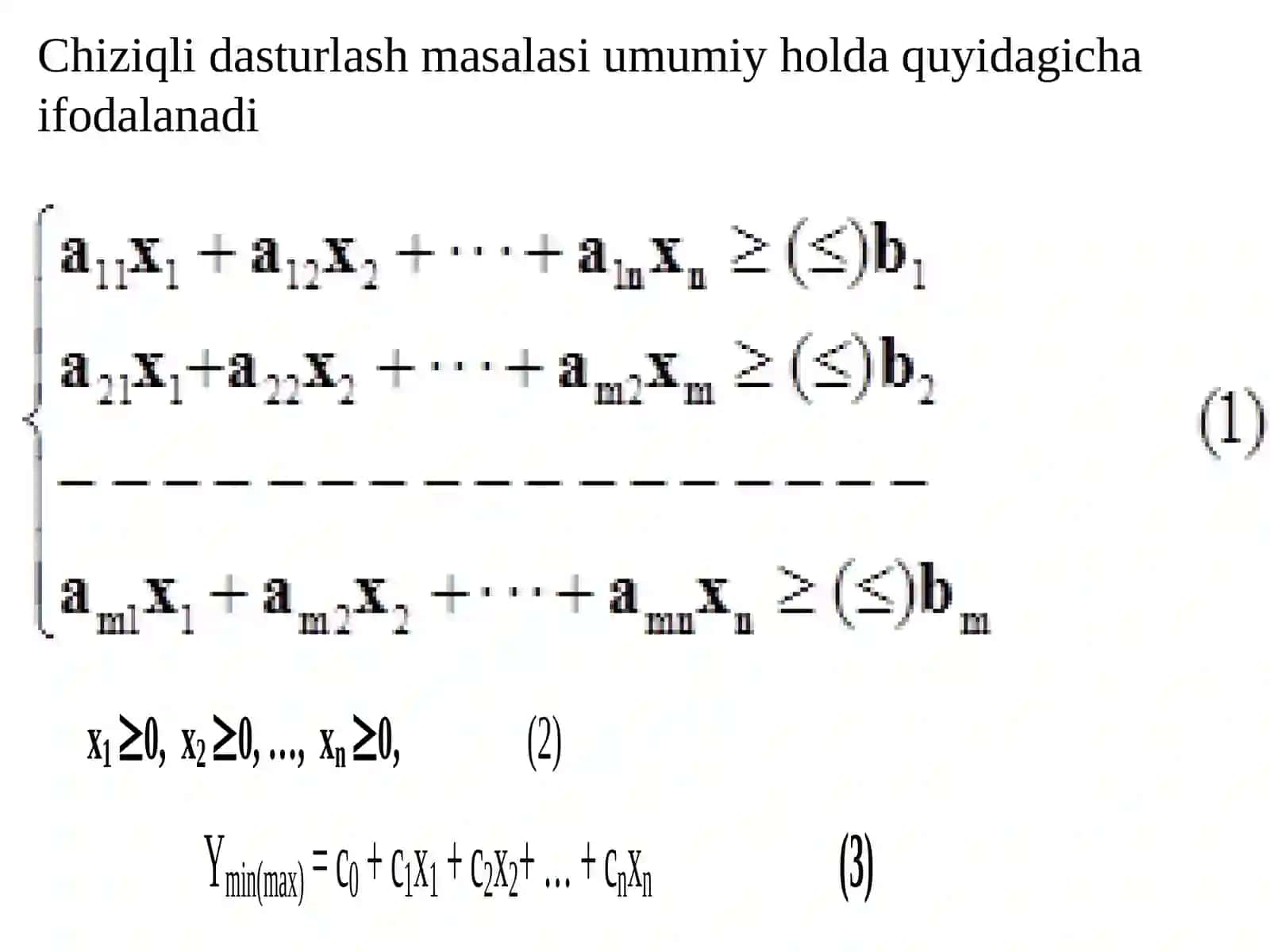 Chiziqli dasturlash masalasining umumiy qo’yilishi va uning turli formada ifodalanishi 2