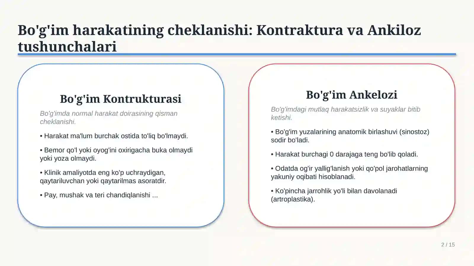 BO‘G‘IMLAR KONTRAKTURASI VA ANKILOZLARI. OYOQ PANJASINING STATIK DEFORMATSIYALARI | 15 SLAYDLI TIBBI 2