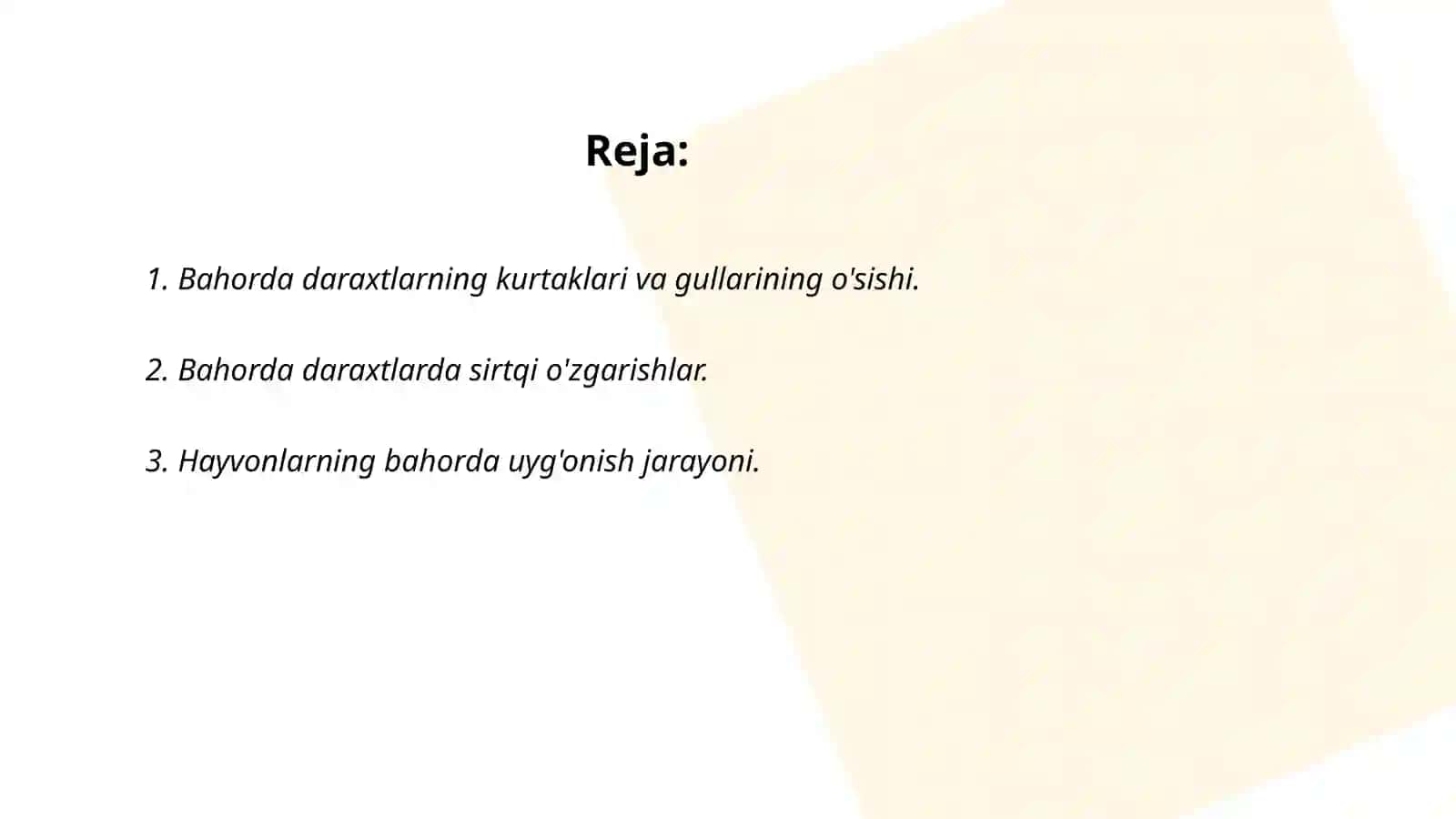 Bahorda daraxtlarni uygʻonishi, hayvonlar va hasharotlar haqida suhbat 2