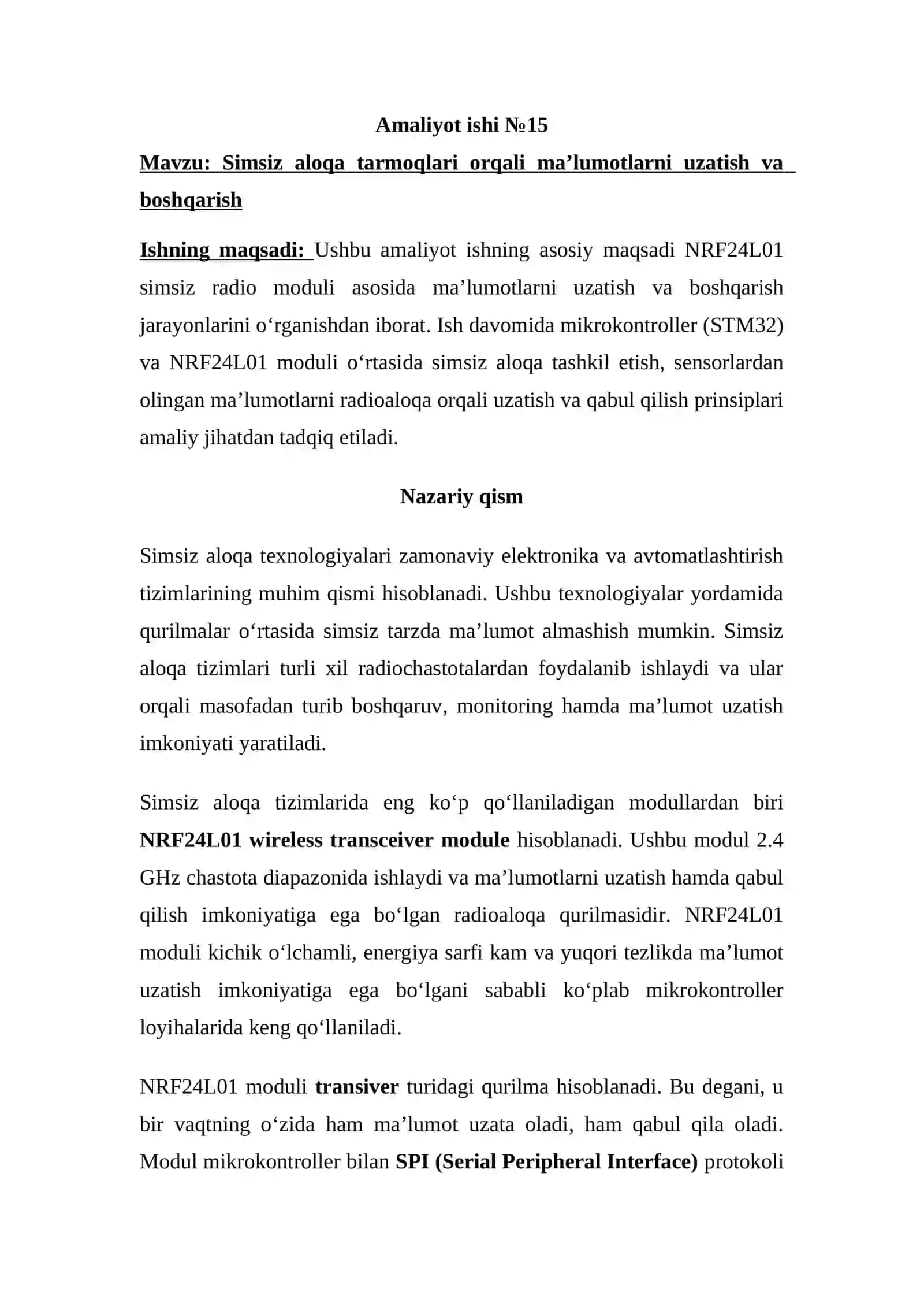 Simsiz aloqa tarmoqlari orqali ma'lumotlarni uzatish va boshqarish 2