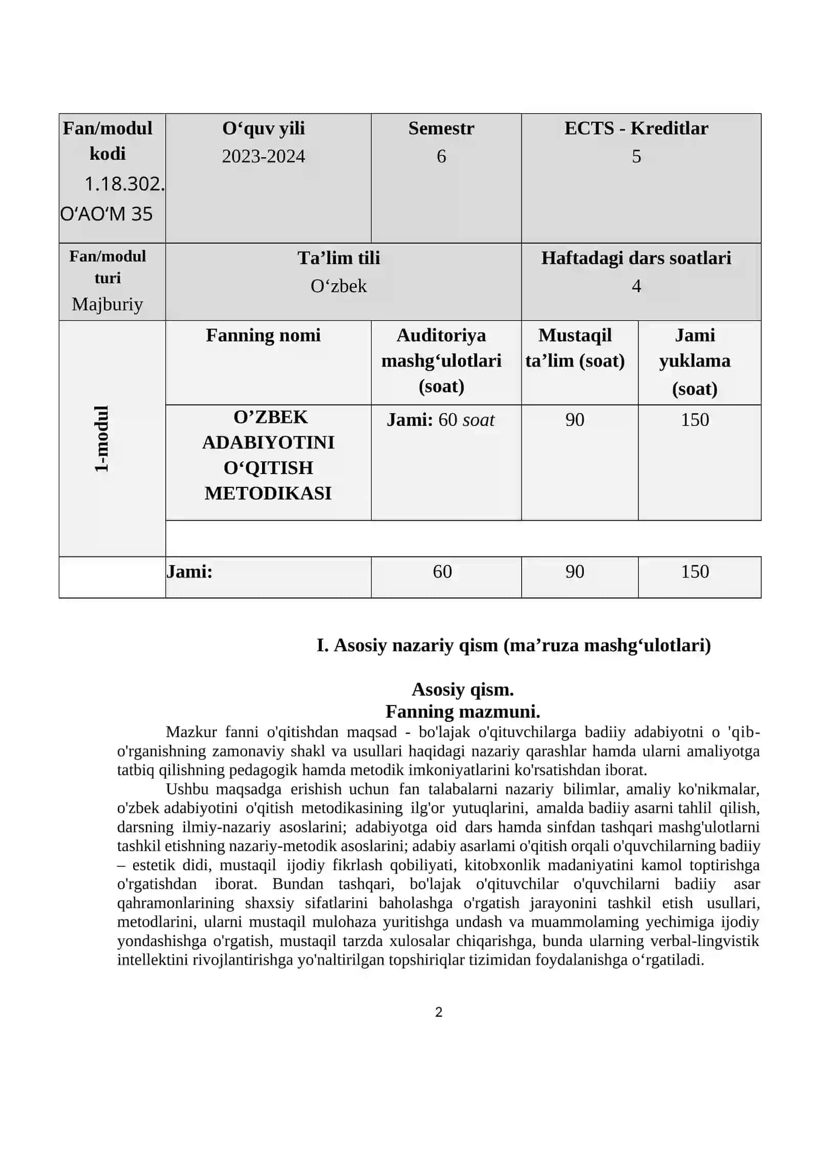 O‘ZBEK ADABIYOTINI O‘QITISH METODIKASI 2